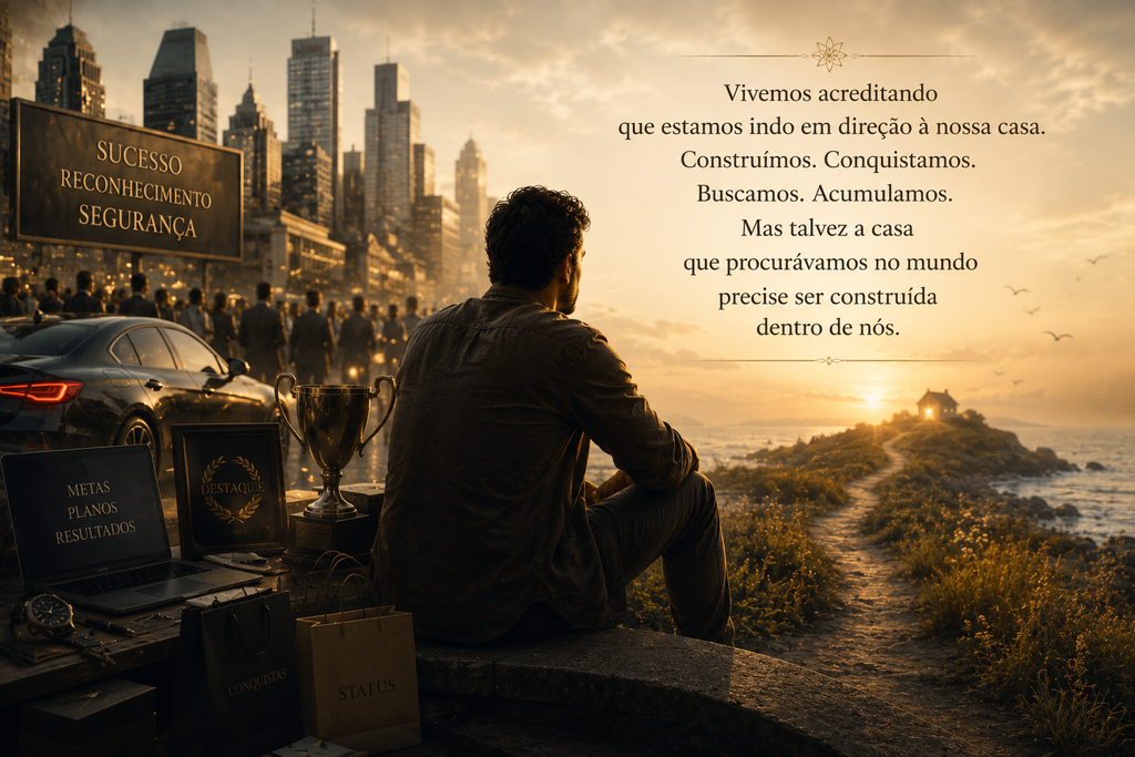 Homem entre símbolos de sucesso e reconhecimento observa uma casa iluminada ao longe, representando a busca por um abrigo interior.
