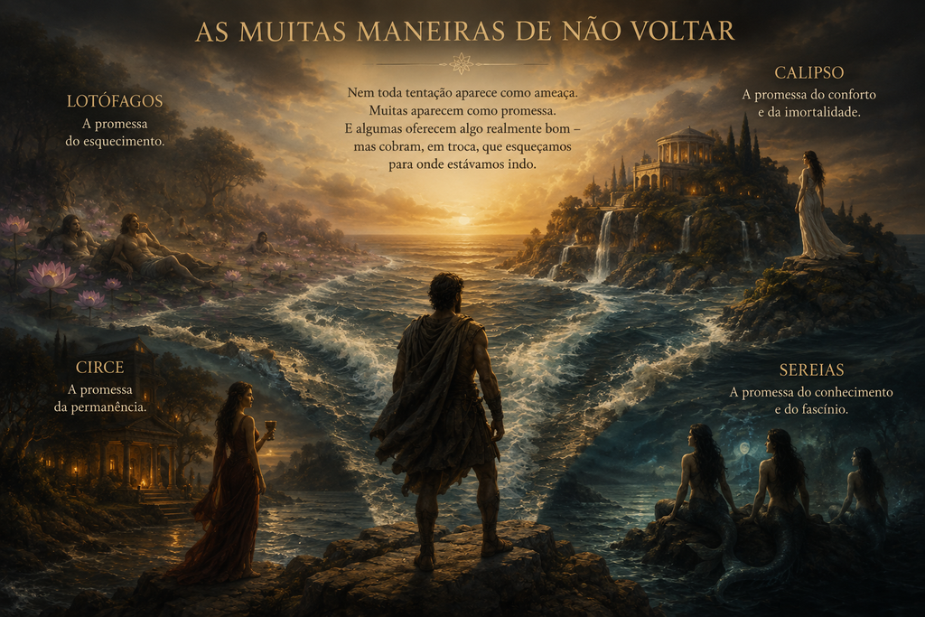Ulisses diante de diferentes caminhos e tentações simbolizados pelos lotófagos, Circe, Calipso e as sereias durante sua jornada de retorno.