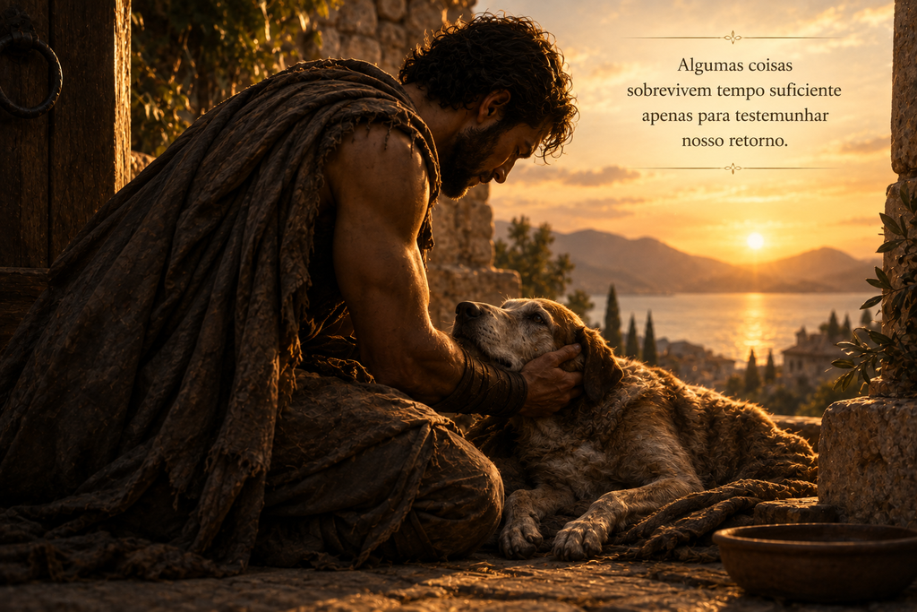 “Ulisses reencontra seu velho cão Argos após vinte anos de ausência, em uma cena silenciosa de reconhecimento e despedida.”