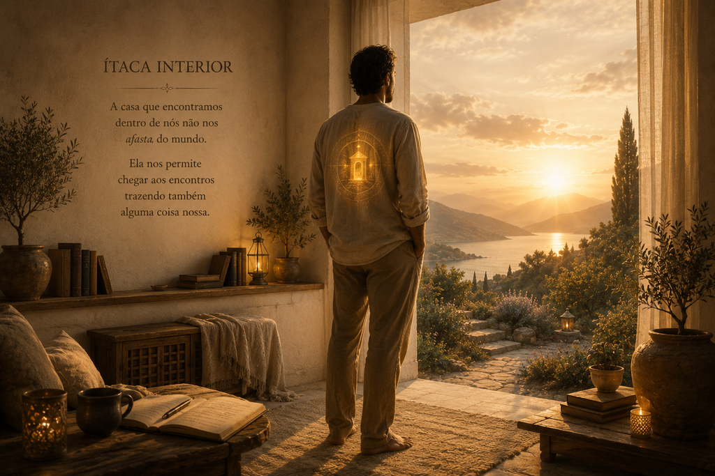 “Pessoa diante de uma casa iluminada ao entardecer, simbolizando a descoberta de um lugar interior ao qual podemos retornar sem abandonar o mundo.”