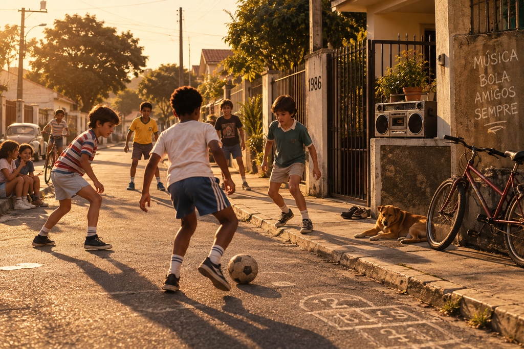 Crianças brincando e jogando futebol em uma rua de bairro nos anos 1980, com bicicleta e aparelho de som junto ao portão.