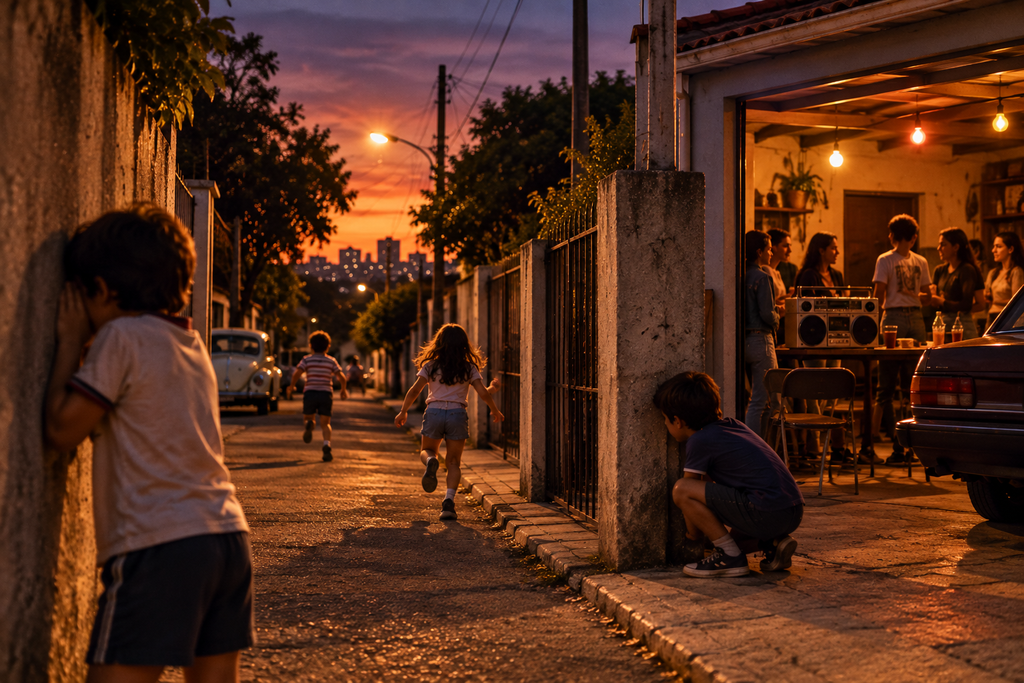 Crianças brincando em uma rua de bairro ao entardecer, enquanto pessoas se reúnem em uma garagem, em uma cena inspirada nos anos 1980.