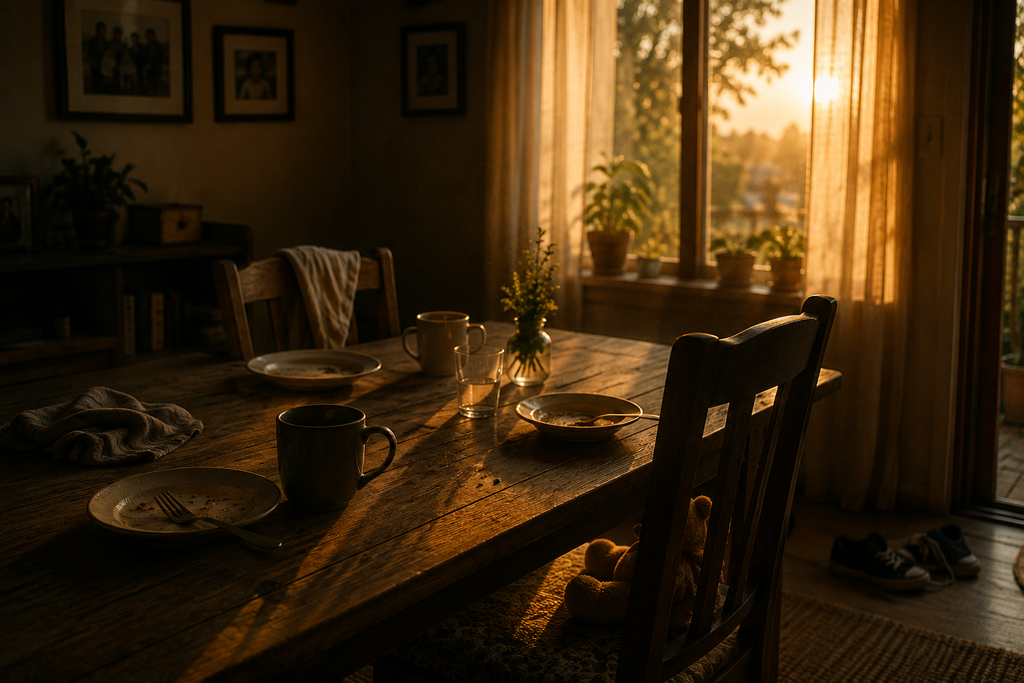Mesa de uma casa após uma refeição, com pratos, xícaras, cadeiras e objetos cotidianos iluminados pela luz do fim da tarde.