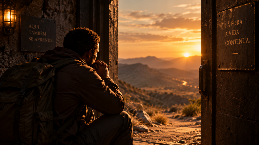 Viajante sentado diante de uma porta aberta, contemplando uma paisagem montanhosa iluminada pelo pôr do sol.