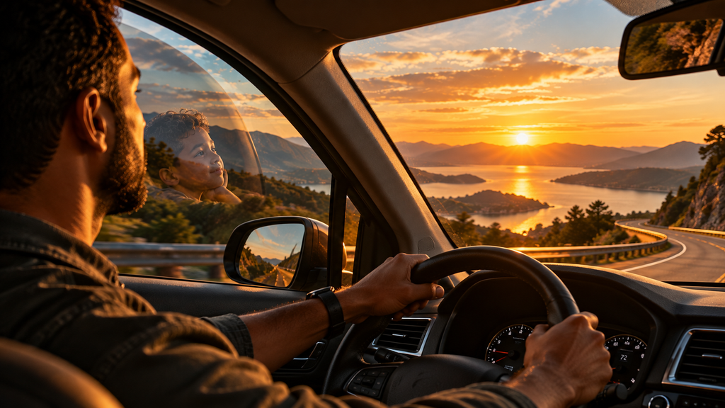 Homem dirigindo por uma estrada costeira ao entardecer, com montanhas e mar ao horizonte e o reflexo de um menino na janela.