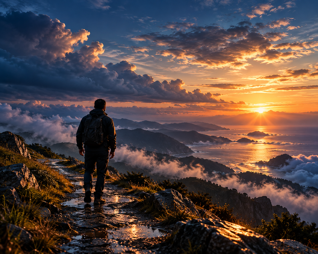 Viajante caminhando por uma trilha montanhosa em direção a um horizonte iluminado entre nuvens e neblina.