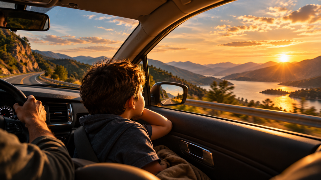 Menino no banco do passageiro observa pela janela de um carro uma estrada entre montanhas, iluminada pelo pôr do sol.
