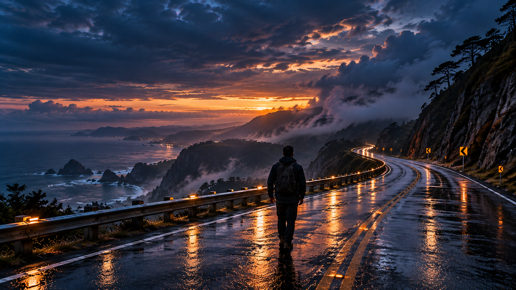 Viajante caminhando por uma estrada costeira molhada que desaparece entre montanhas e neblina ao entardecer.